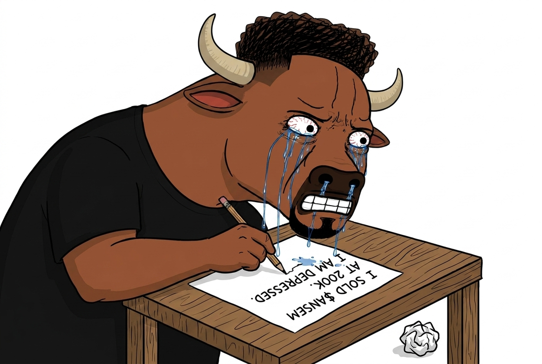 The bull hunched at a desk, crying onto the note he is writing