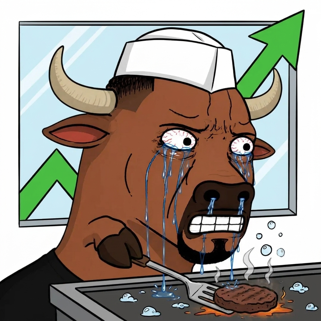 The bull flipping burgers while the chart pumps through the window