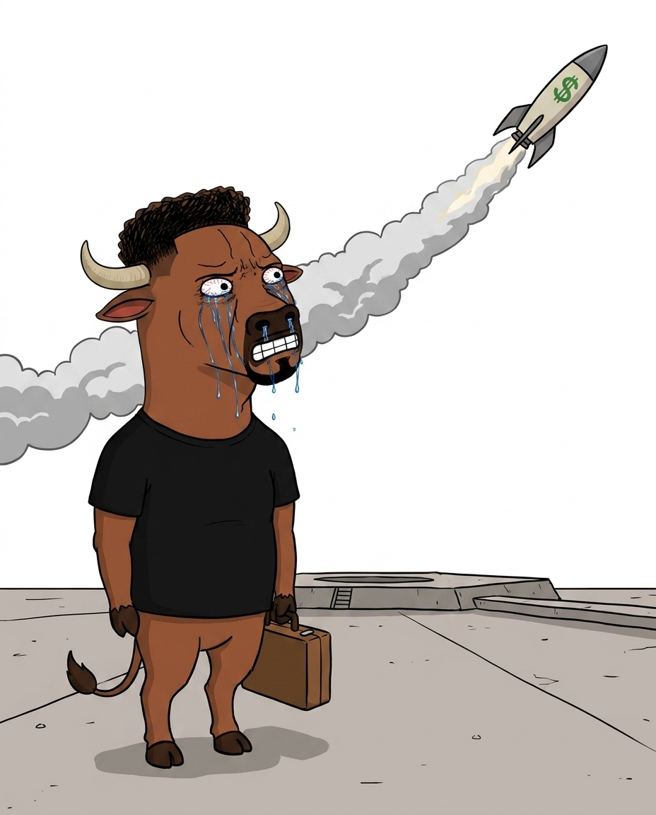 The bull left alone on the launchpad as the rocket flies away
