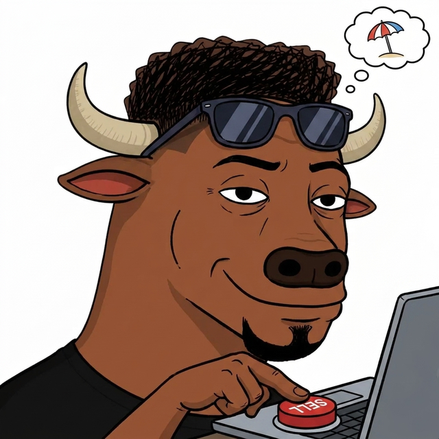 The bull, smug and confident, pressing the sell button